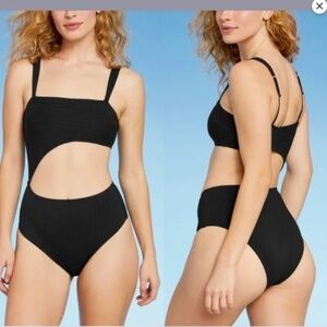 Shade and Shore black cut out ribbed one piece swimsuit bathing suit XL NWT